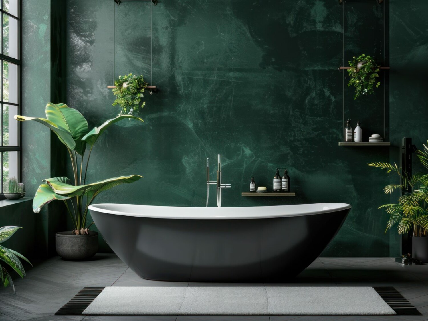 Beautifully modern dark bathroom interior in loft style. Dark green and black tones.